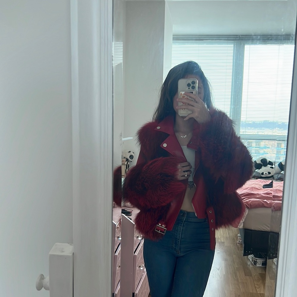 Like New Diana Roosh Bright Red Fox Fur Sheep Skin Leather Jacket Fur Coat